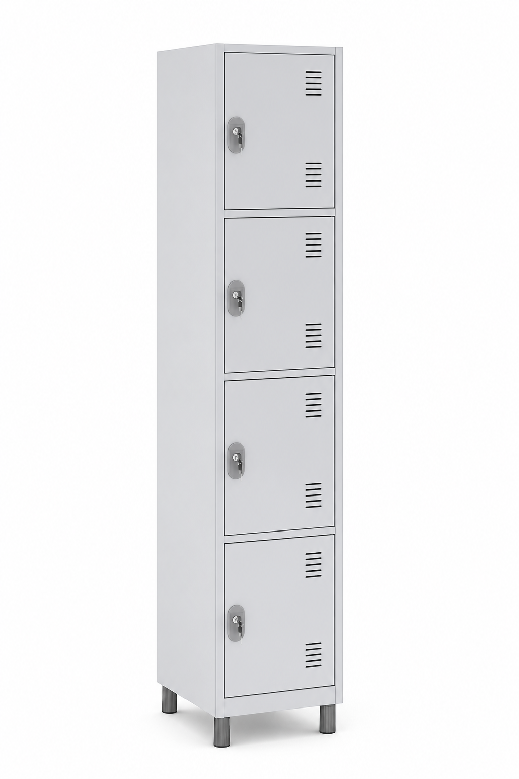 Locker de aço com 4 portas médias, ângulo 3/4, fundo branco