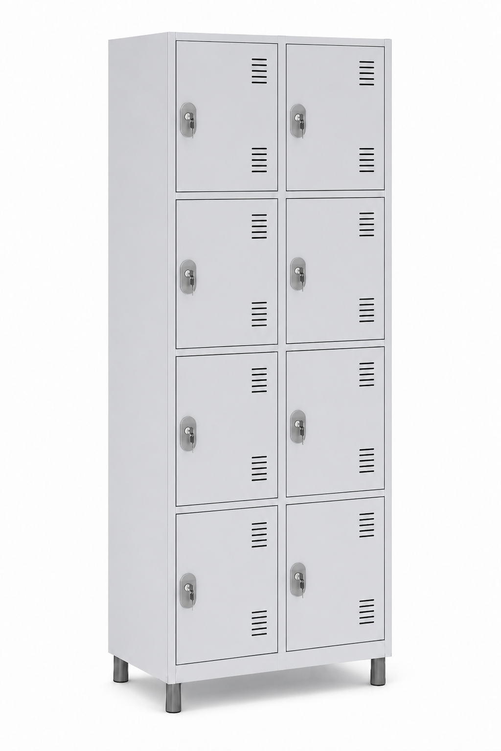 Locker de aço com 8 portas médias (2×4), ângulo 3/4, fundo branco